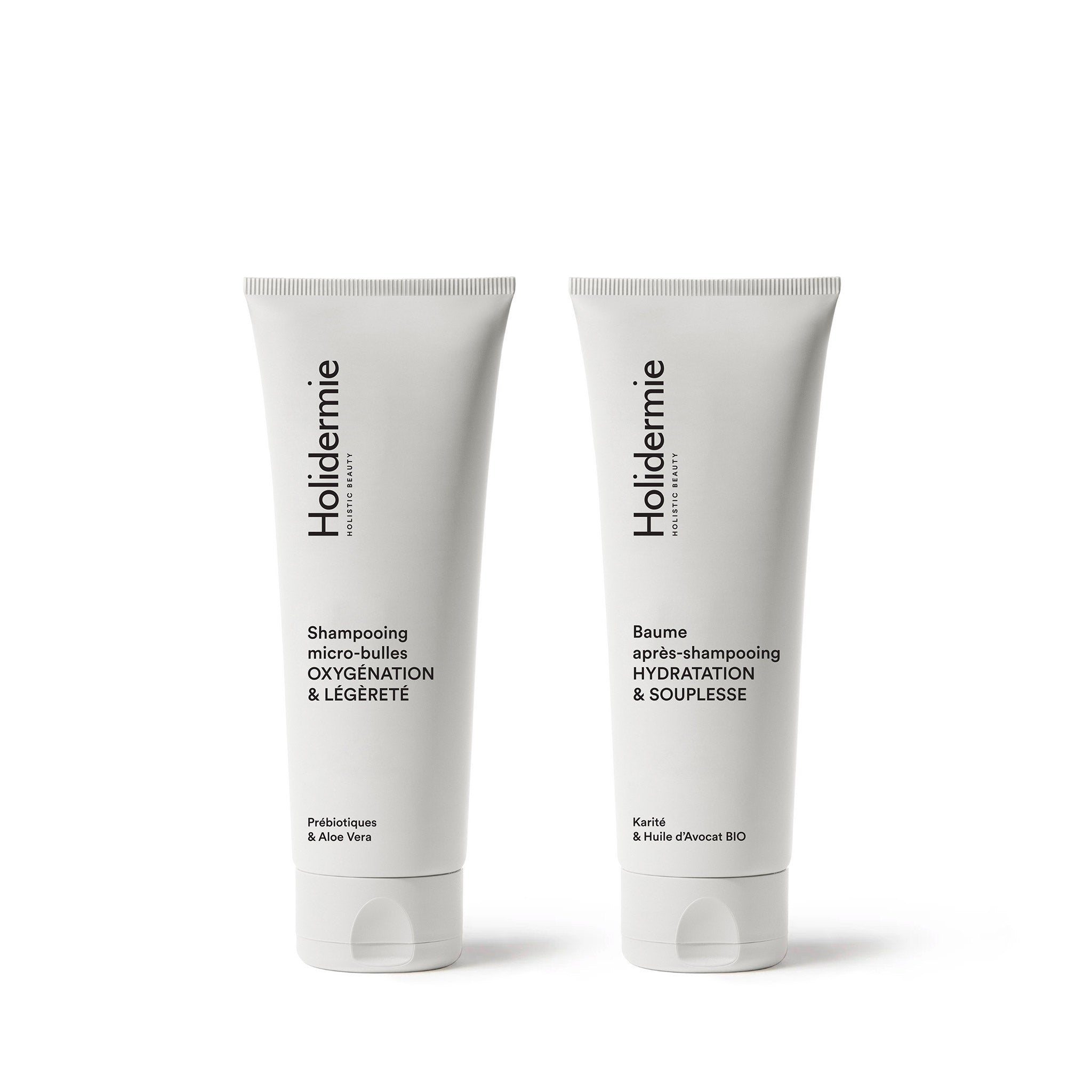 Duo Cheveux Voyage Holidermie avec shampooing micro-bulles et baume après-shampooing