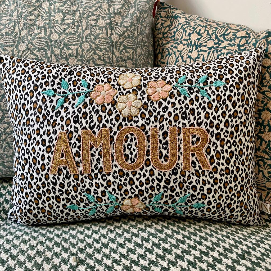 Amour embroidered cushion