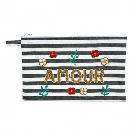 Amour stripe embroidered pouch