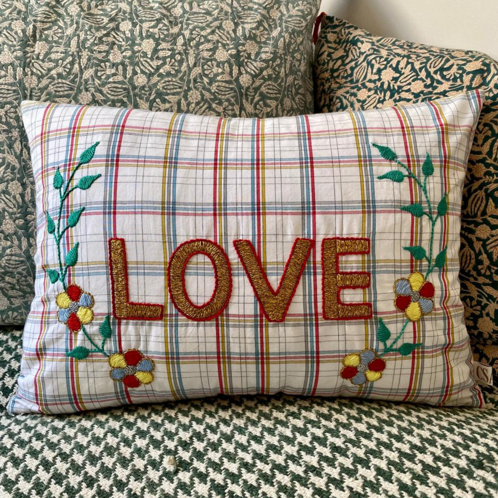 Love check embroidered cushion