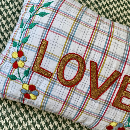 Love check embroidered cushion